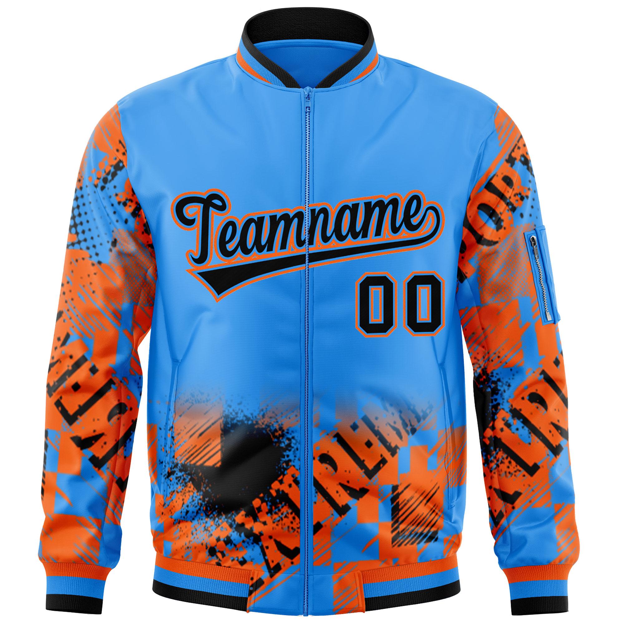 Custom Powder Blue Black-Orange Varsity Full-Zip Street Graffiti Pattern Letterman Jacket