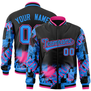 Custom Black Powder Blue-Pink Varsity Full-Zip Street Graffiti Pattern Letterman Jacket