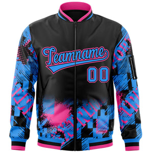 Custom Black Powder Blue-Pink Varsity Full-Zip Street Graffiti Pattern Letterman Jacket