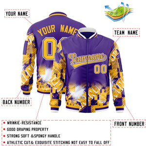 Custom Purple Yellow-White Varsity Full-Zip Street Graffiti Pattern Letterman Jacket