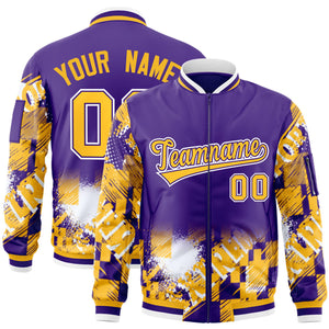 Custom Purple Yellow-White Varsity Full-Zip Street Graffiti Pattern Letterman Jacket