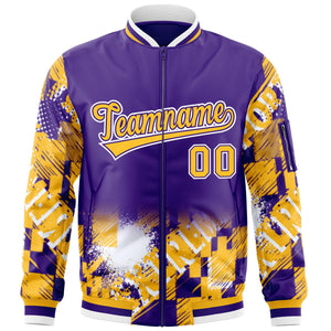 Custom Purple Yellow-White Varsity Full-Zip Street Graffiti Pattern Letterman Jacket