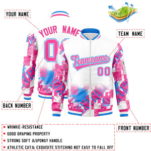 Custom White Pink-Powder Blue Varsity Full-Zip Street Graffiti Pattern Letterman Jacket