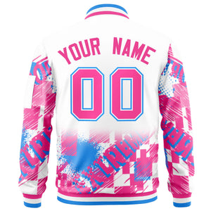 Custom White Pink-Powder Blue Varsity Full-Zip Street Graffiti Pattern Letterman Jacket