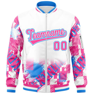 Custom White Pink-Powder Blue Varsity Full-Zip Street Graffiti Pattern Letterman Jacket