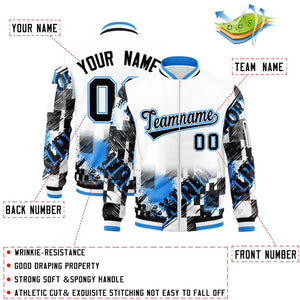 Custom White Black-Powder Blue Varsity Full-Zip Street Graffiti Pattern Letterman Jacket