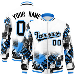 Custom White Black-Powder Blue Varsity Full-Zip Street Graffiti Pattern Letterman Jacket