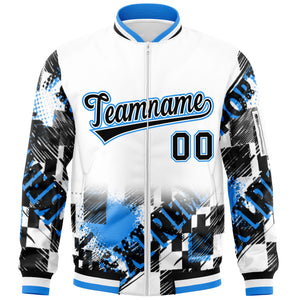 Custom White Black-Powder Blue Varsity Full-Zip Street Graffiti Pattern Letterman Jacket