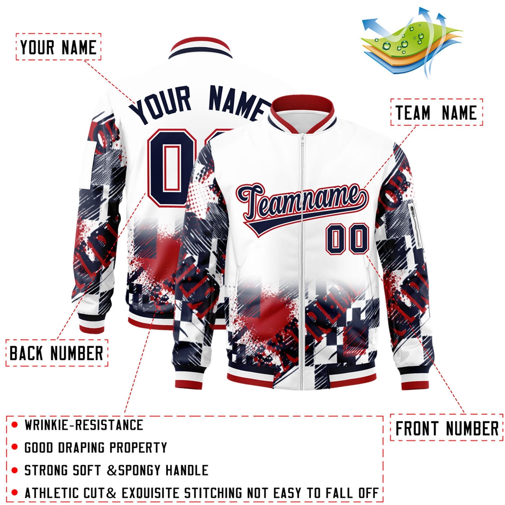 Custom White Navy-Red Varsity Full-Zip Street Graffiti Pattern Letterman Jacket