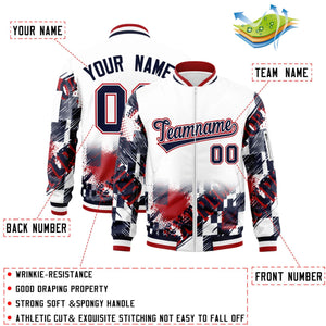 Custom White Navy-Red Varsity Full-Zip Street Graffiti Pattern Letterman Jacket