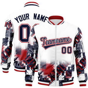 Custom White Navy-Red Varsity Full-Zip Street Graffiti Pattern Letterman Jacket