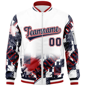 Custom White Navy-Red Varsity Full-Zip Street Graffiti Pattern Letterman Jacket