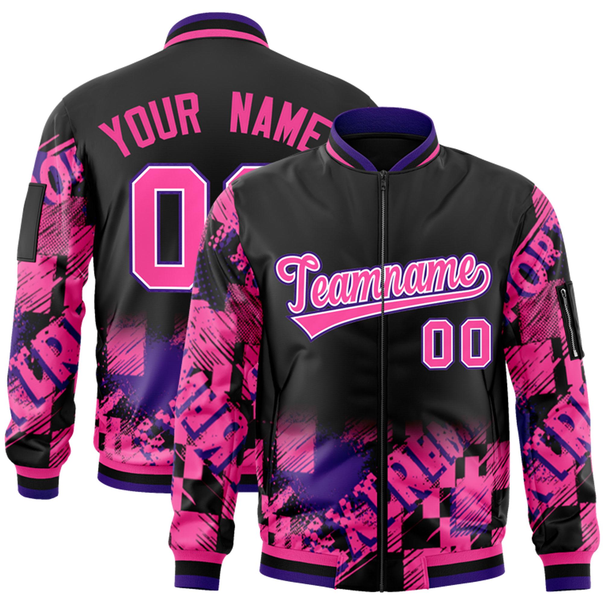 Custom Black Pink-Purple Varsity Full-Zip Street Graffiti Pattern Letterman Jacket