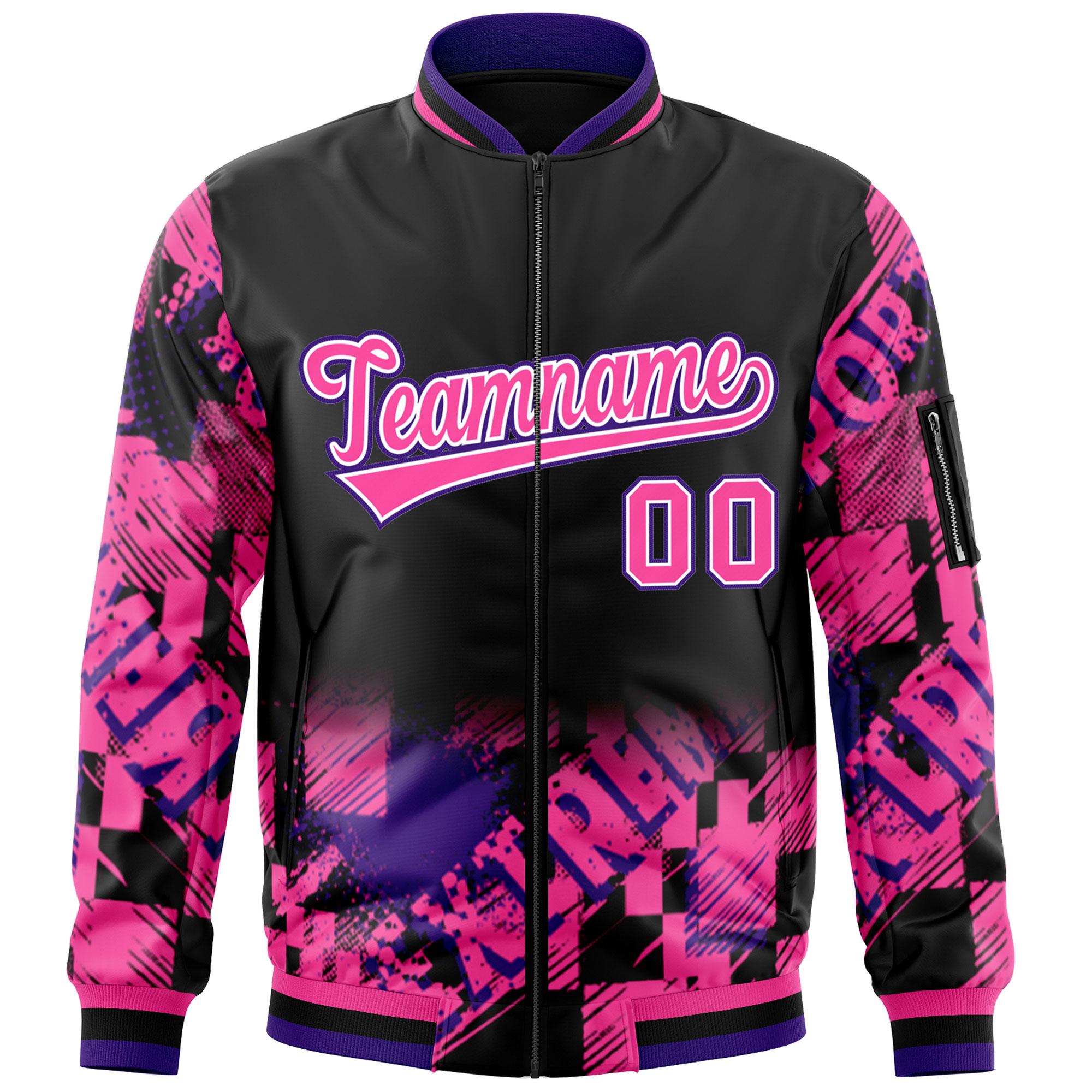 Custom Black Pink-Purple Varsity Full-Zip Street Graffiti Pattern Letterman Jacket