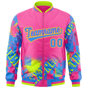 Custom Pink Powder Blue-Neon Green Varsity Full-Zip Street Graffiti Pattern Letterman Jacket