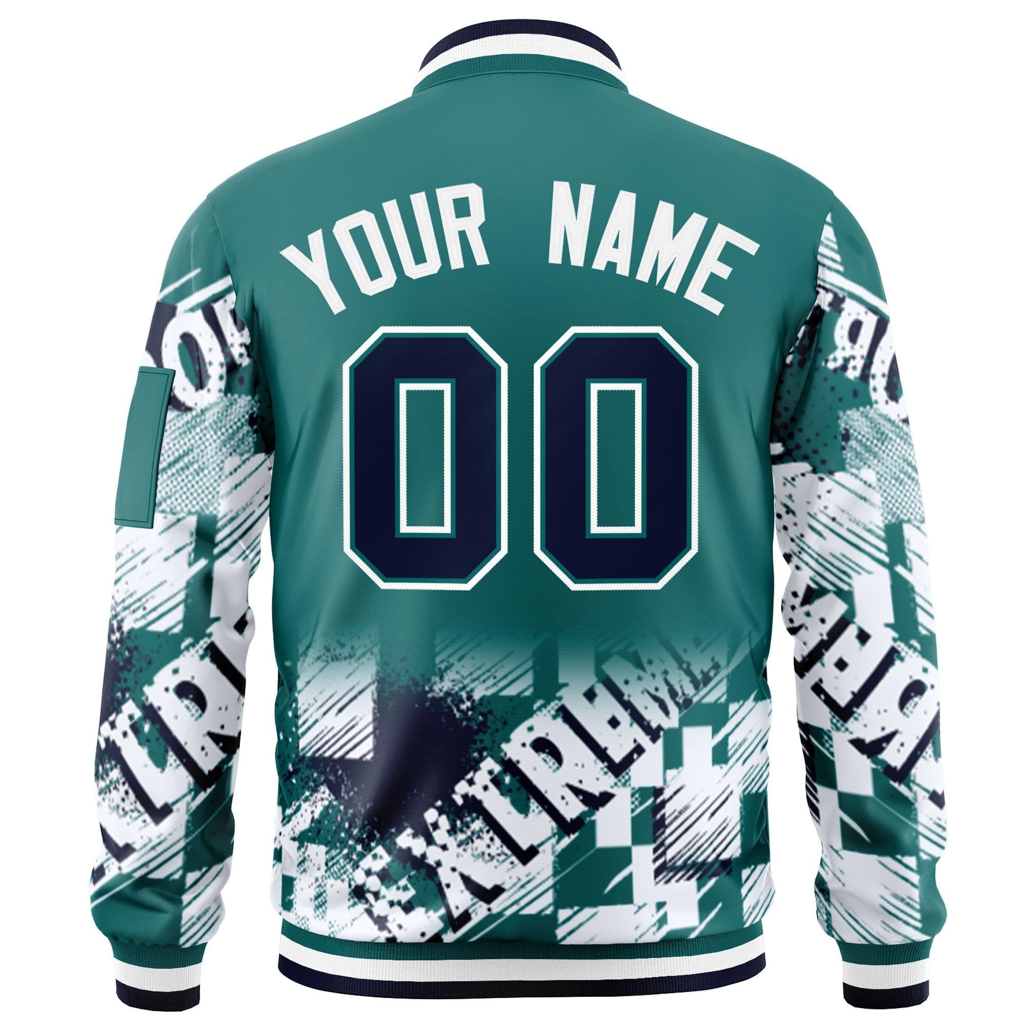 Custom Aqua Navy-White Varsity Full-Zip Street Graffiti Pattern Letterman Jacket