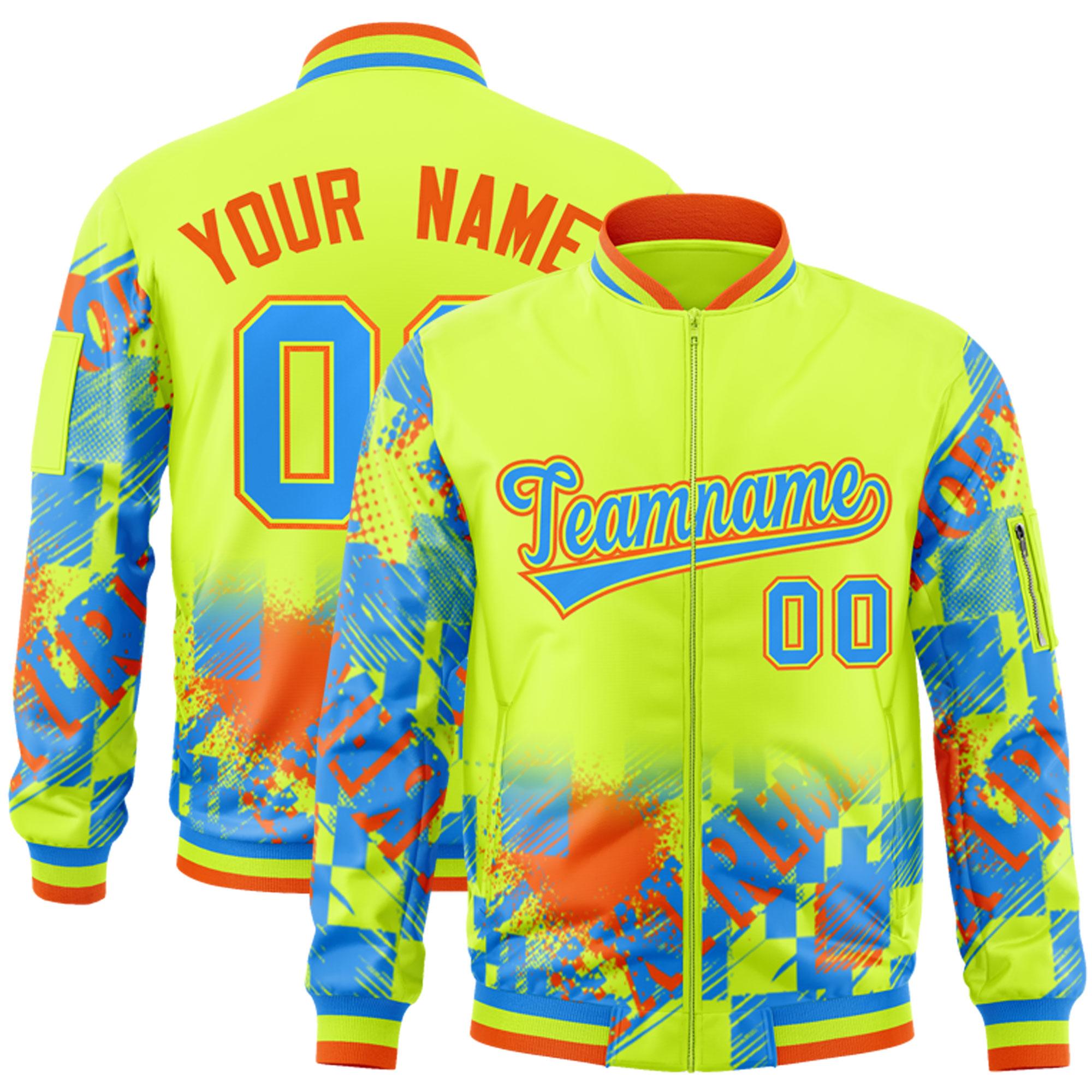 Custom Neon Green Powder Blue-Orange Varsity Full-Zip Street Graffiti Pattern Letterman Jacket