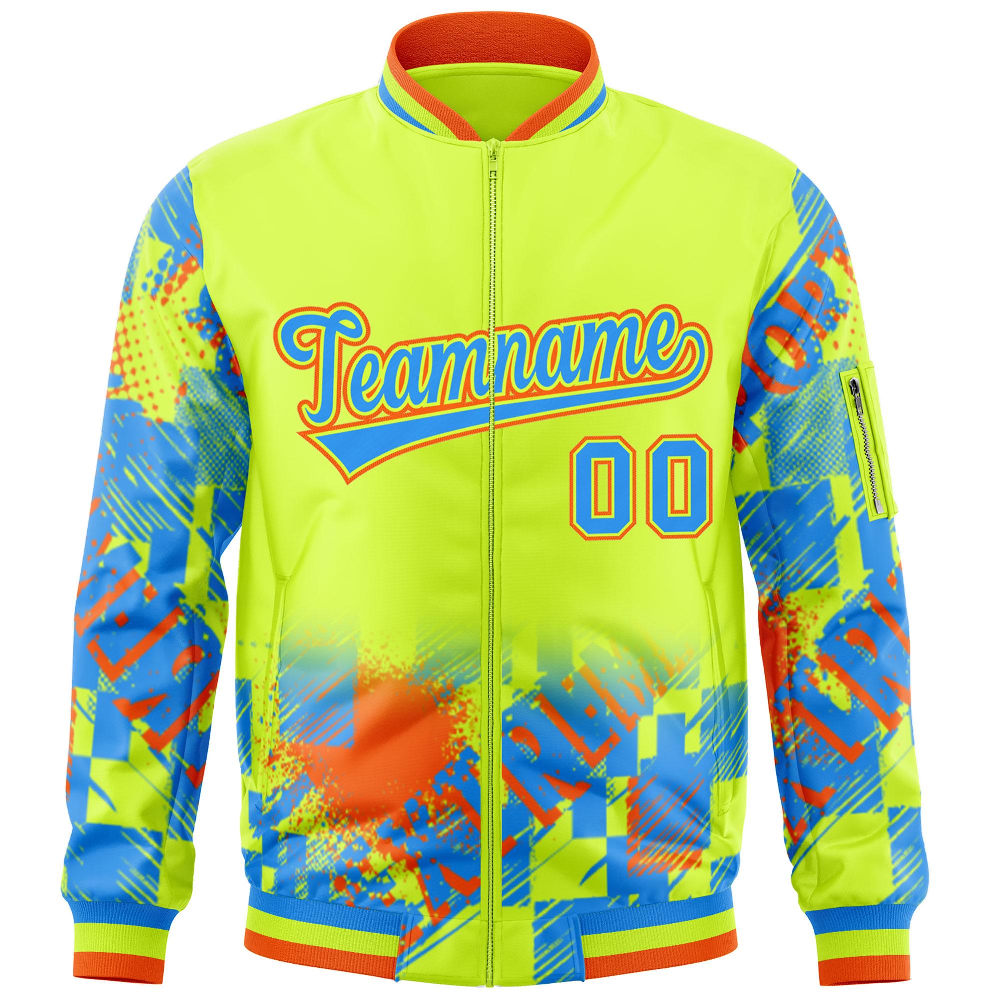 Custom Neon Green Powder Blue-Orange Varsity Full-Zip Street Graffiti Pattern Letterman Jacket