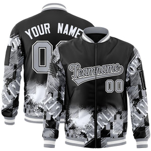 Custom Black Gray-White Varsity Full-Zip Street Graffiti Pattern Letterman Jacket