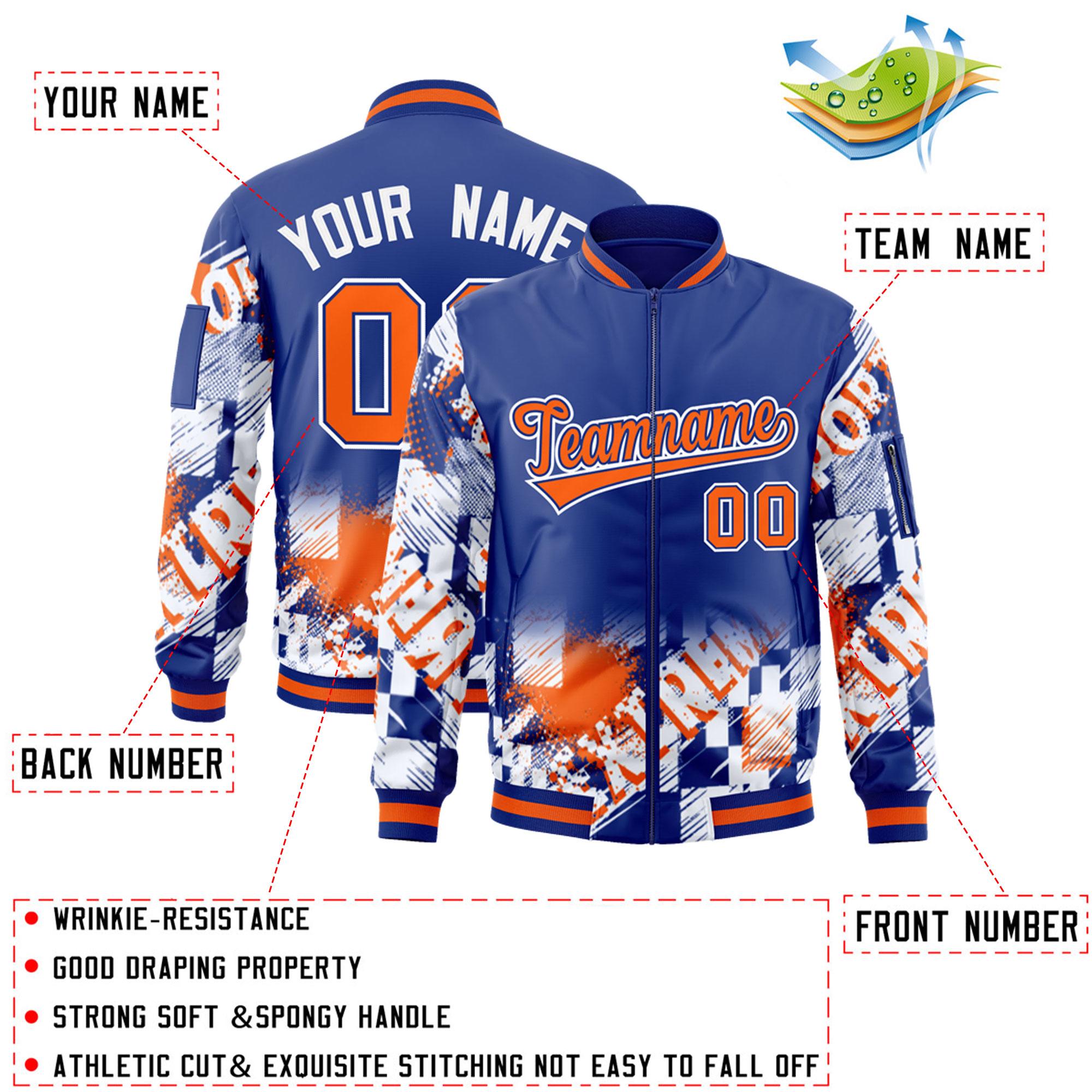 Custom Royal Orange-White Varsity Full-Zip Street Graffiti Pattern Letterman Jacket