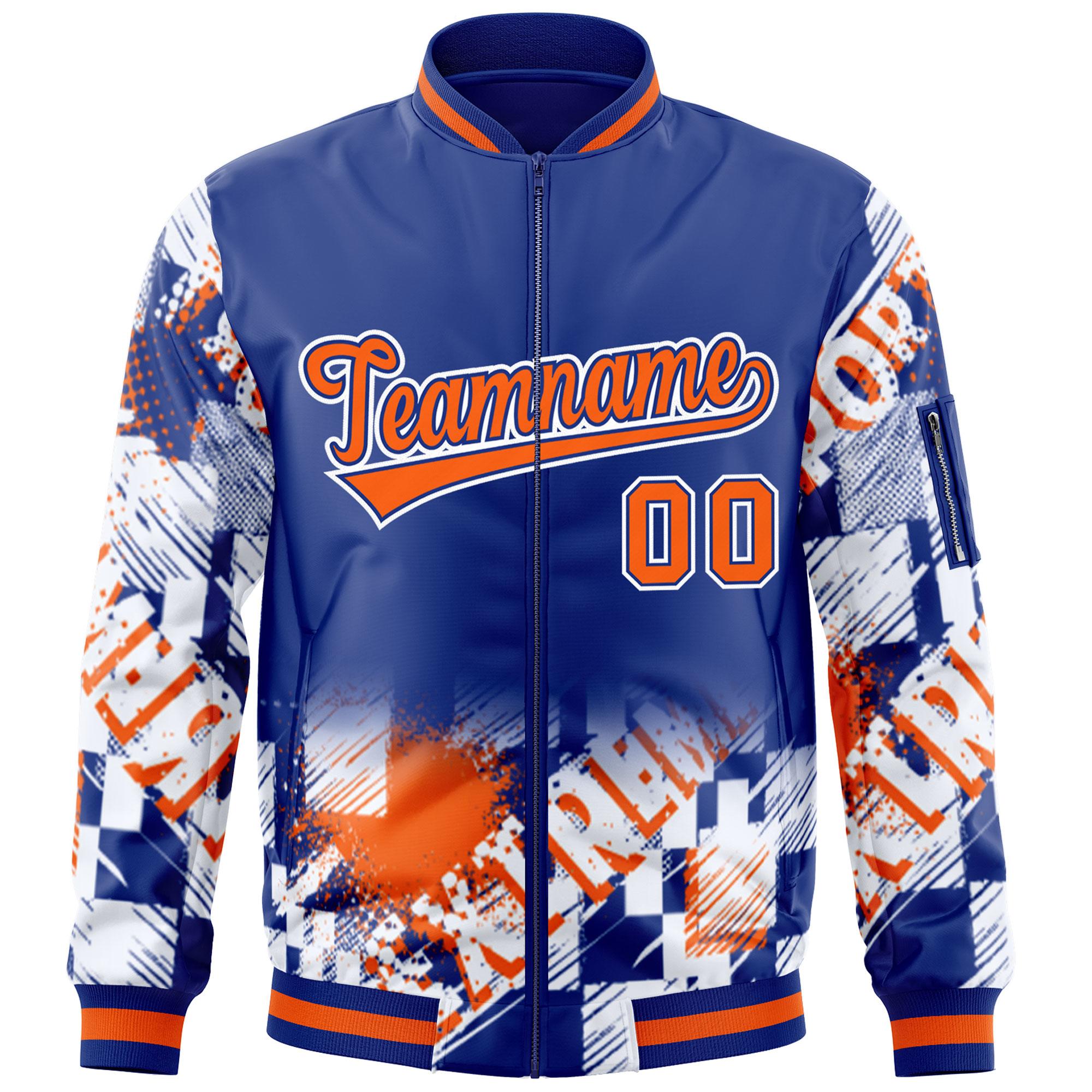 Custom Royal Orange-White Varsity Full-Zip Street Graffiti Pattern Letterman Jacket