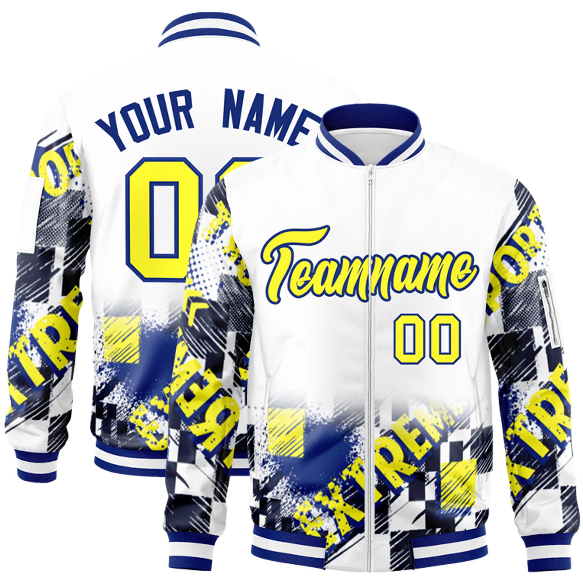 Custom White Gold-Royal Varsity Full-Zip Street Graffiti Pattern Letterman Jacket