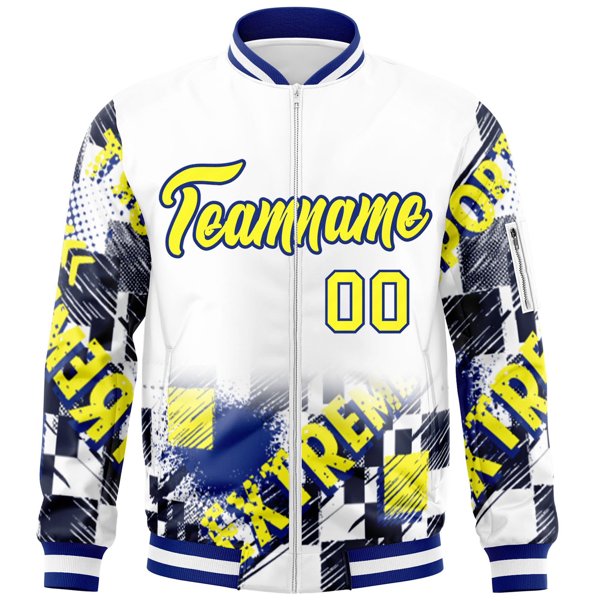 Custom White Gold-Royal Varsity Full-Zip Street Graffiti Pattern Letterman Jacket