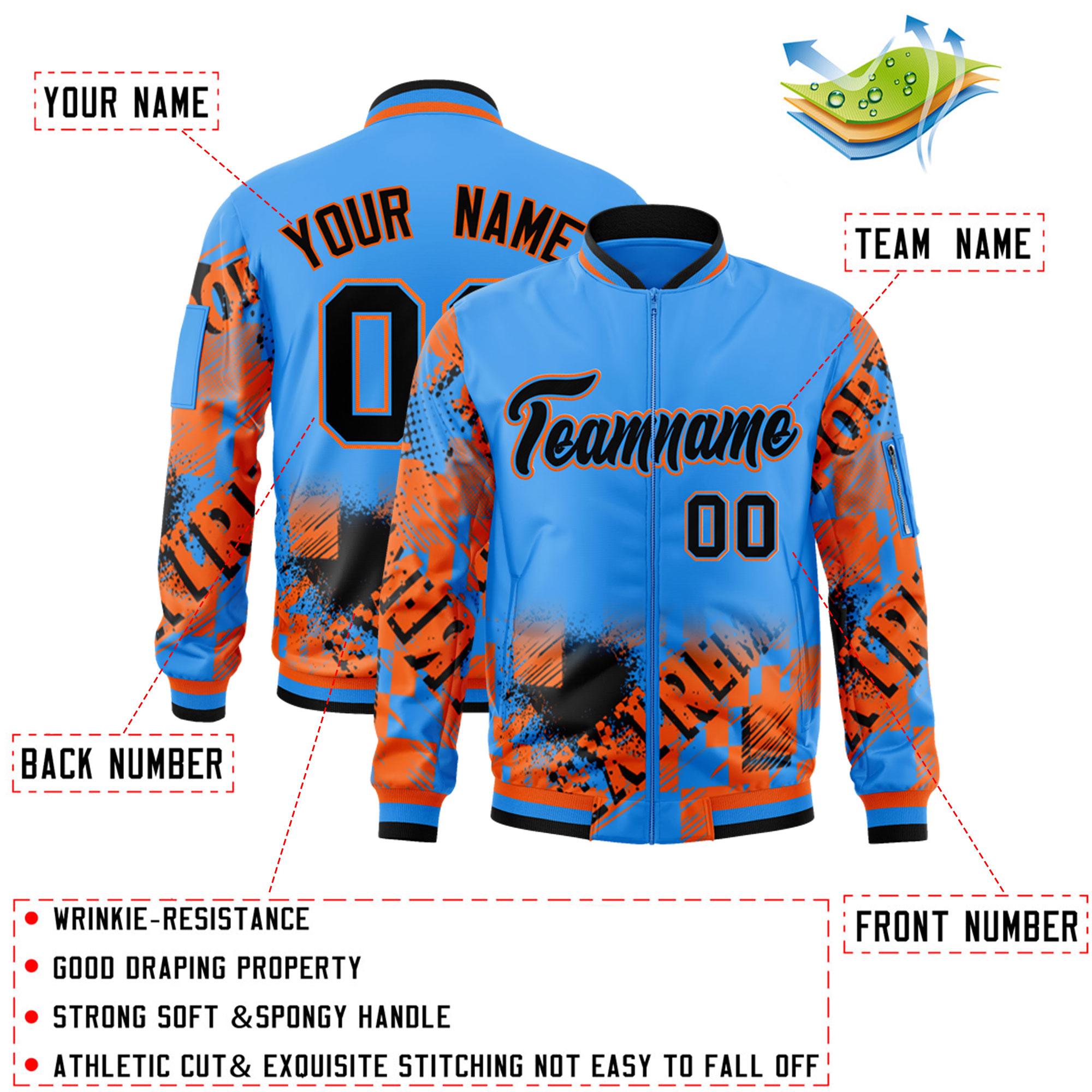 Custom Powder Blue Black-Orange Varsity Full-Zip Street Graffiti Pattern Letterman Jacket