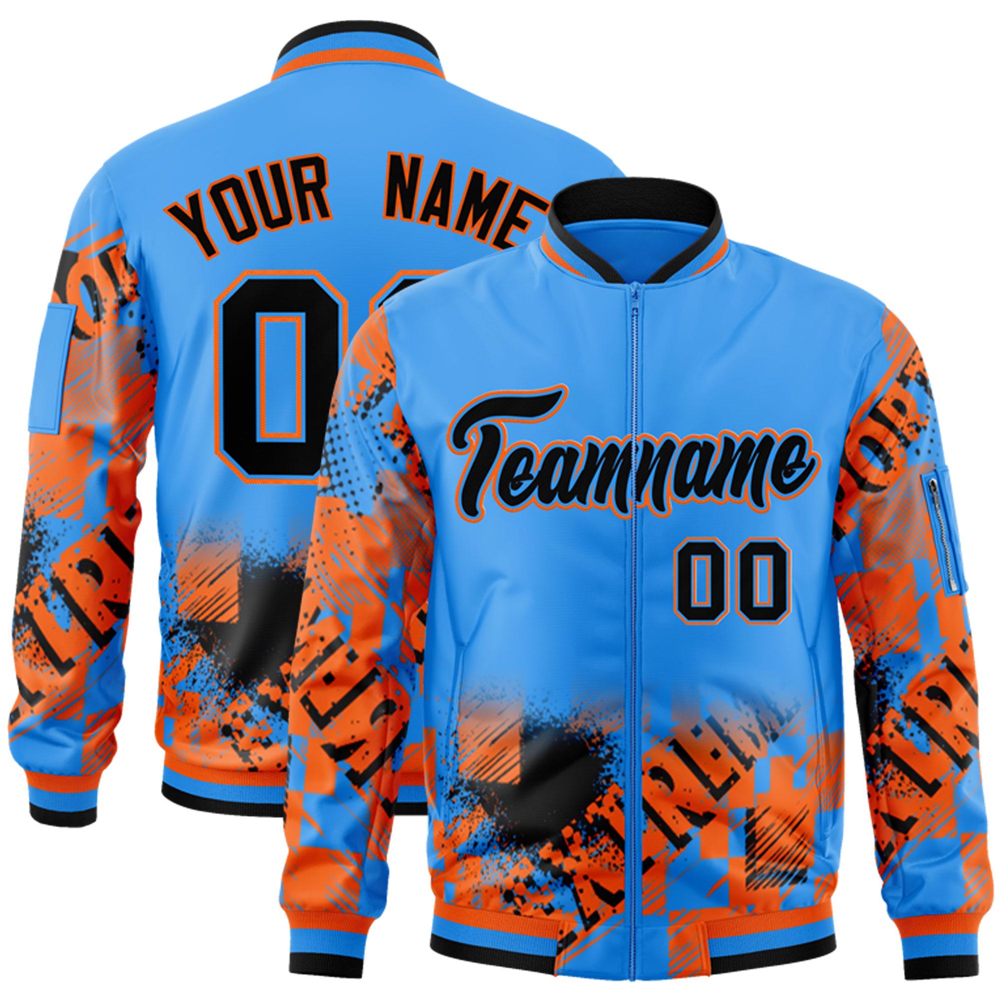 Custom Powder Blue Black-Orange Varsity Full-Zip Street Graffiti Pattern Letterman Jacket