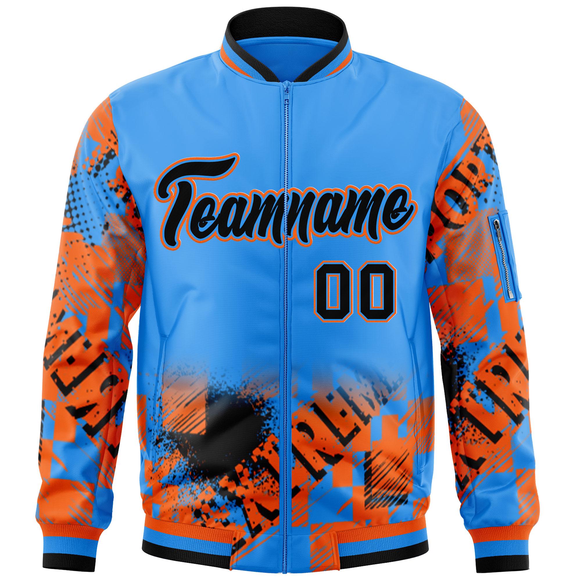 Custom Powder Blue Black-Orange Varsity Full-Zip Street Graffiti Pattern Letterman Jacket