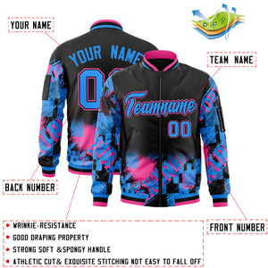 Custom Black Powder Blue-Pink Varsity Full-Zip Street Graffiti Pattern Letterman Jacket