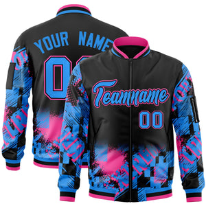 Custom Black Powder Blue-Pink Varsity Full-Zip Street Graffiti Pattern Letterman Jacket