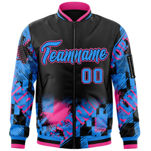 Custom Black Powder Blue-Pink Varsity Full-Zip Street Graffiti Pattern Letterman Jacket