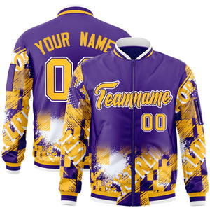 Custom Purple Yellow-White Varsity Full-Zip Street Graffiti Pattern Letterman Jacket