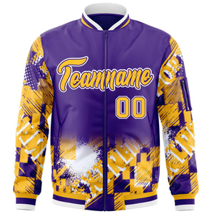 Custom Purple Yellow-White Varsity Full-Zip Street Graffiti Pattern Letterman Jacket