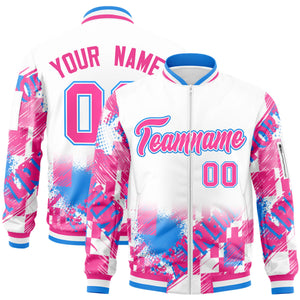 Custom White Pink-Powder Blue Varsity Full-Zip Street Graffiti Pattern Letterman Jacket