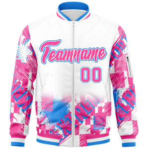 Custom White Pink-Powder Blue Varsity Full-Zip Street Graffiti Pattern Letterman Jacket