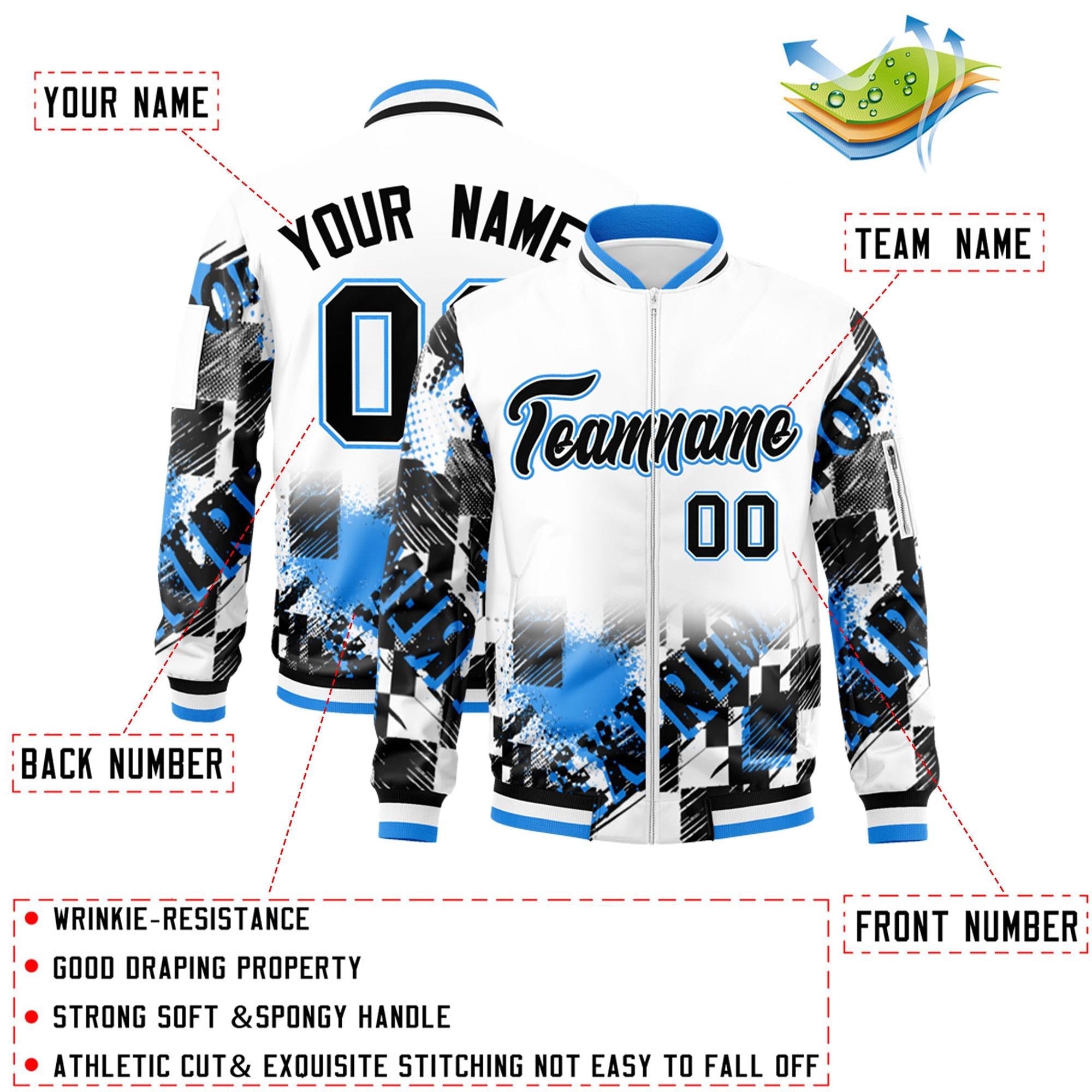 Custom White Black-Powder Blue Varsity Full-Zip Street Graffiti Pattern Letterman Jacket