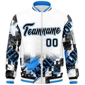 Custom White Black-Powder Blue Varsity Full-Zip Street Graffiti Pattern Letterman Jacket