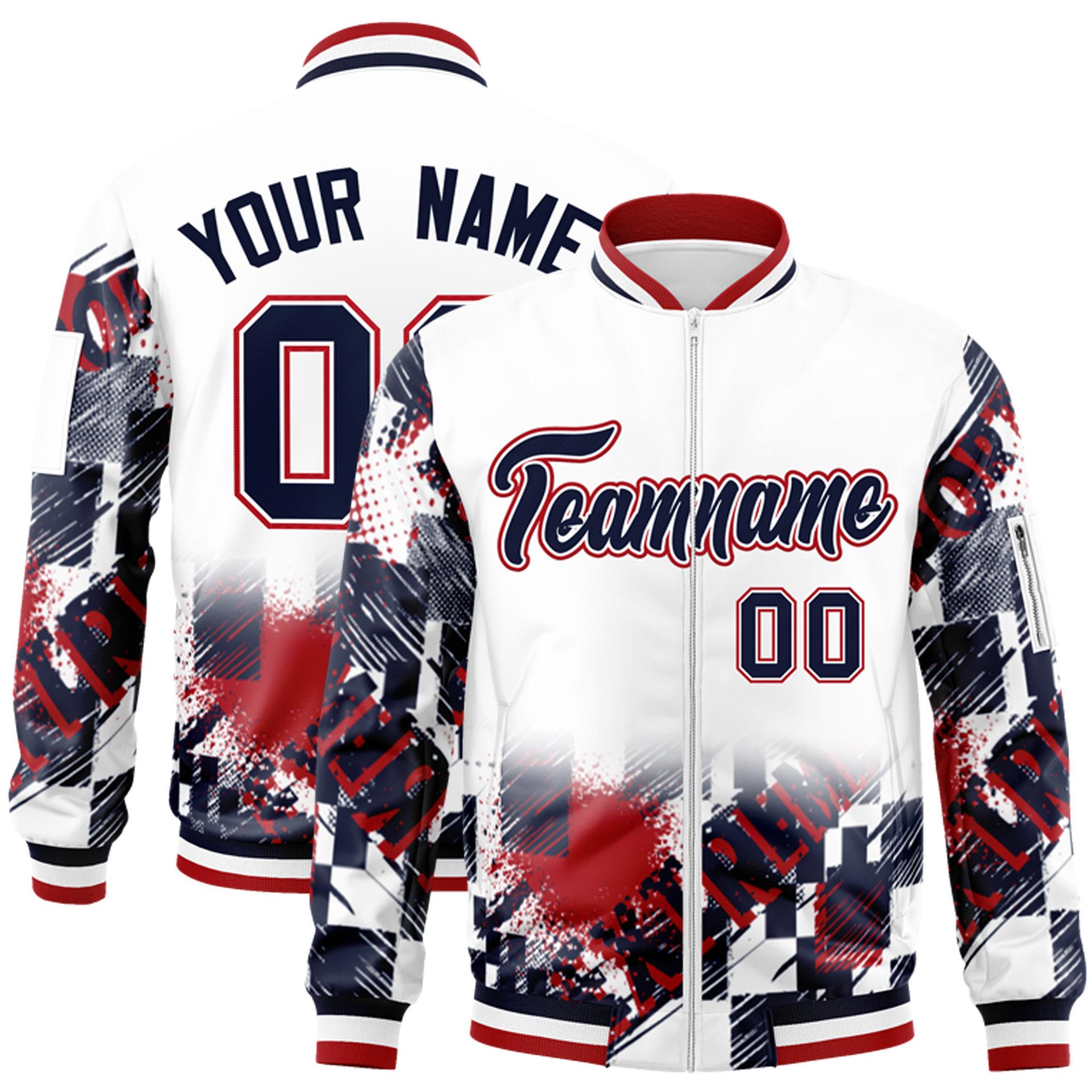 Custom White Navy-Red Varsity Full-Zip Street Graffiti Pattern Letterman Jacket