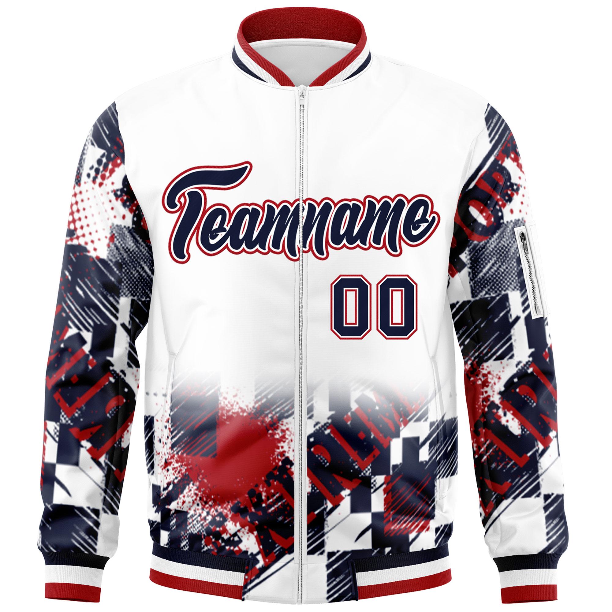 Custom White Navy-Red Varsity Full-Zip Street Graffiti Pattern Letterman Jacket