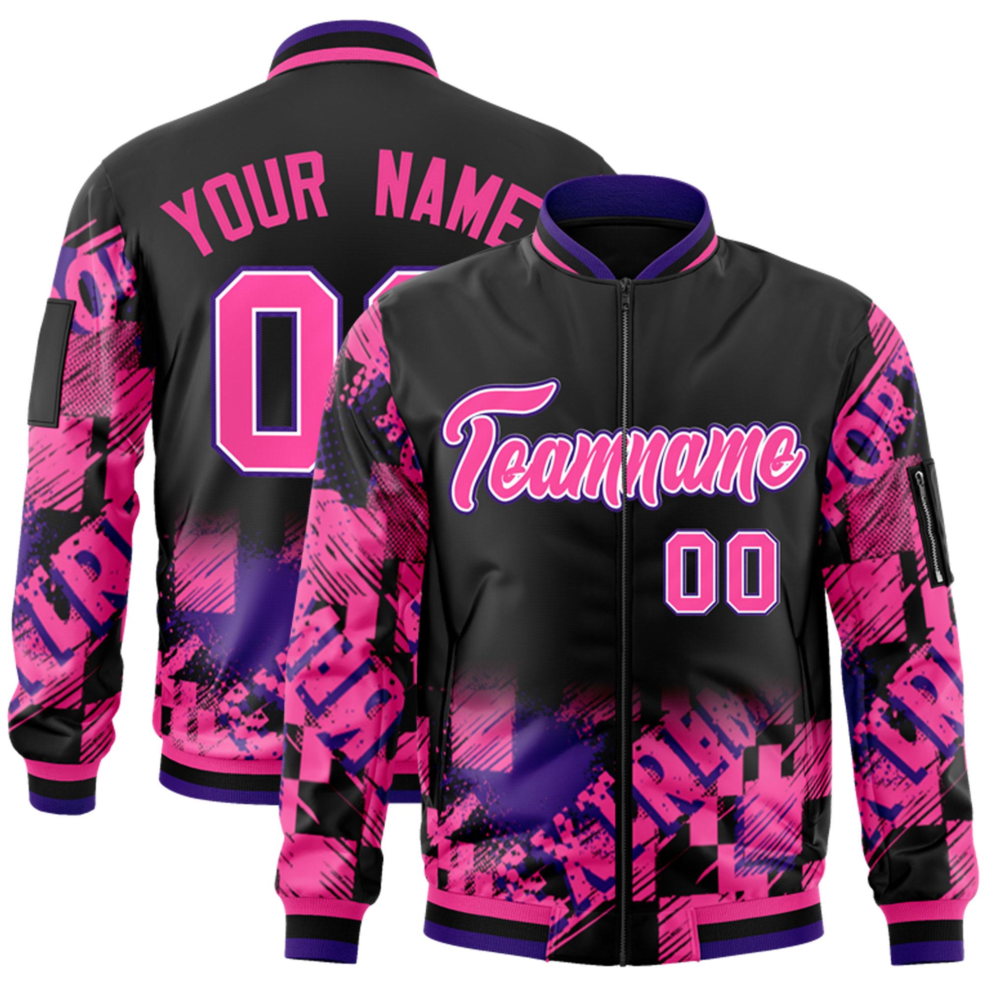 Custom Black Pink-Purple Varsity Full-Zip Street Graffiti Pattern Letterman Jacket