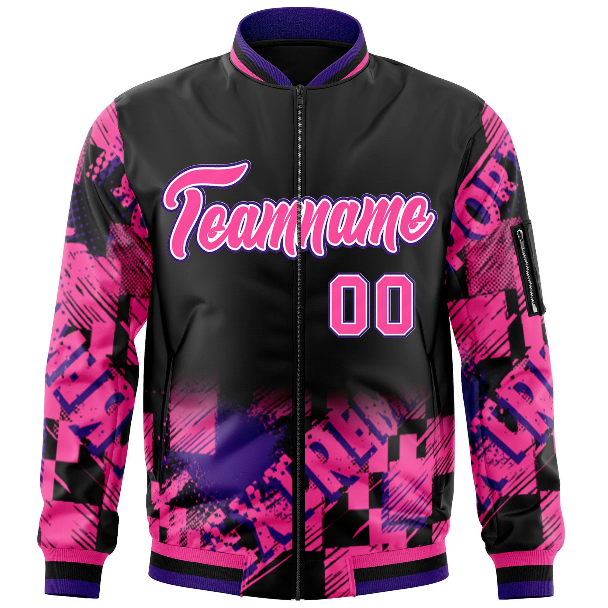 Custom Black Pink-Purple Varsity Full-Zip Street Graffiti Pattern Letterman Jacket