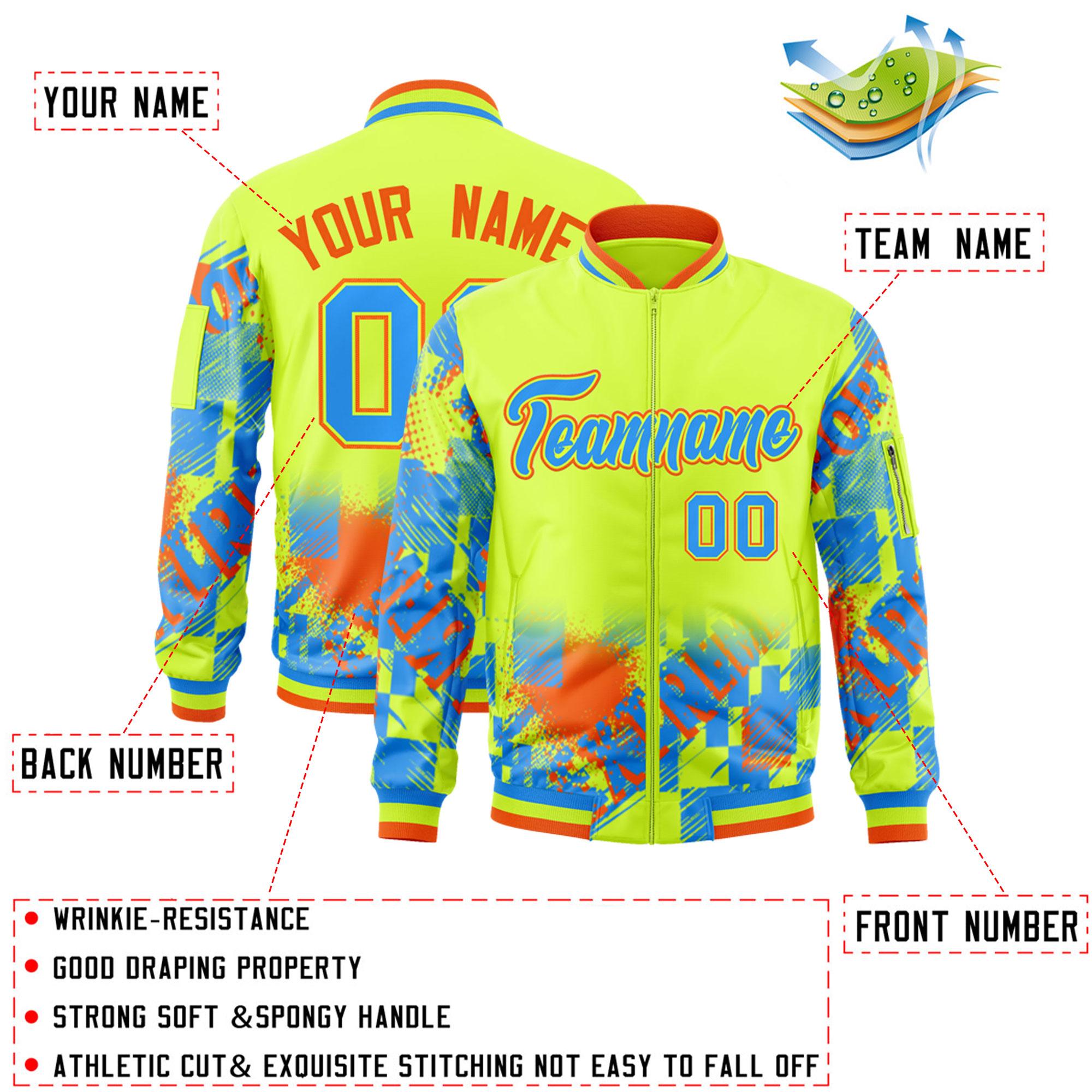 Custom Neon Green Powder Blue-Orange Varsity Full-Zip Street Graffiti Pattern Letterman Jacket