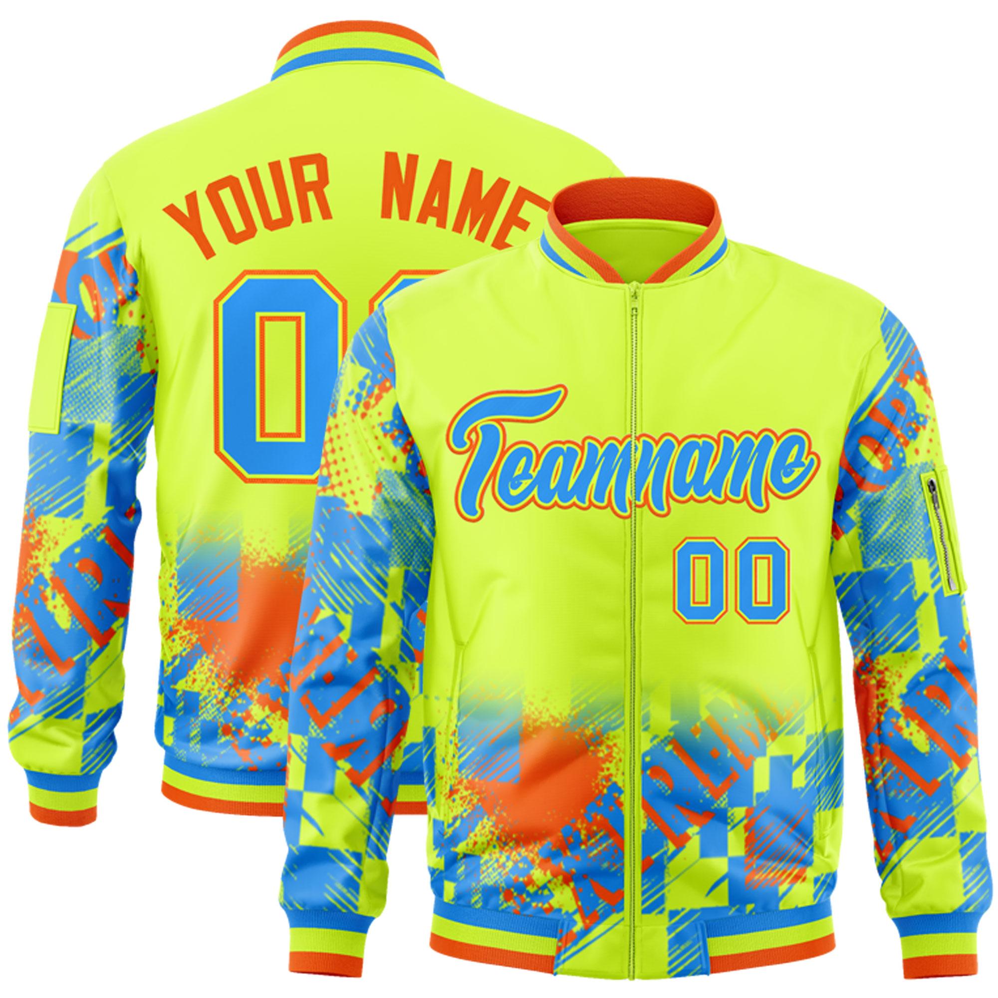 Custom Neon Green Powder Blue-Orange Varsity Full-Zip Street Graffiti Pattern Letterman Jacket