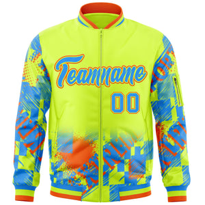 Custom Neon Green Powder Blue-Orange Varsity Full-Zip Street Graffiti Pattern Letterman Jacket