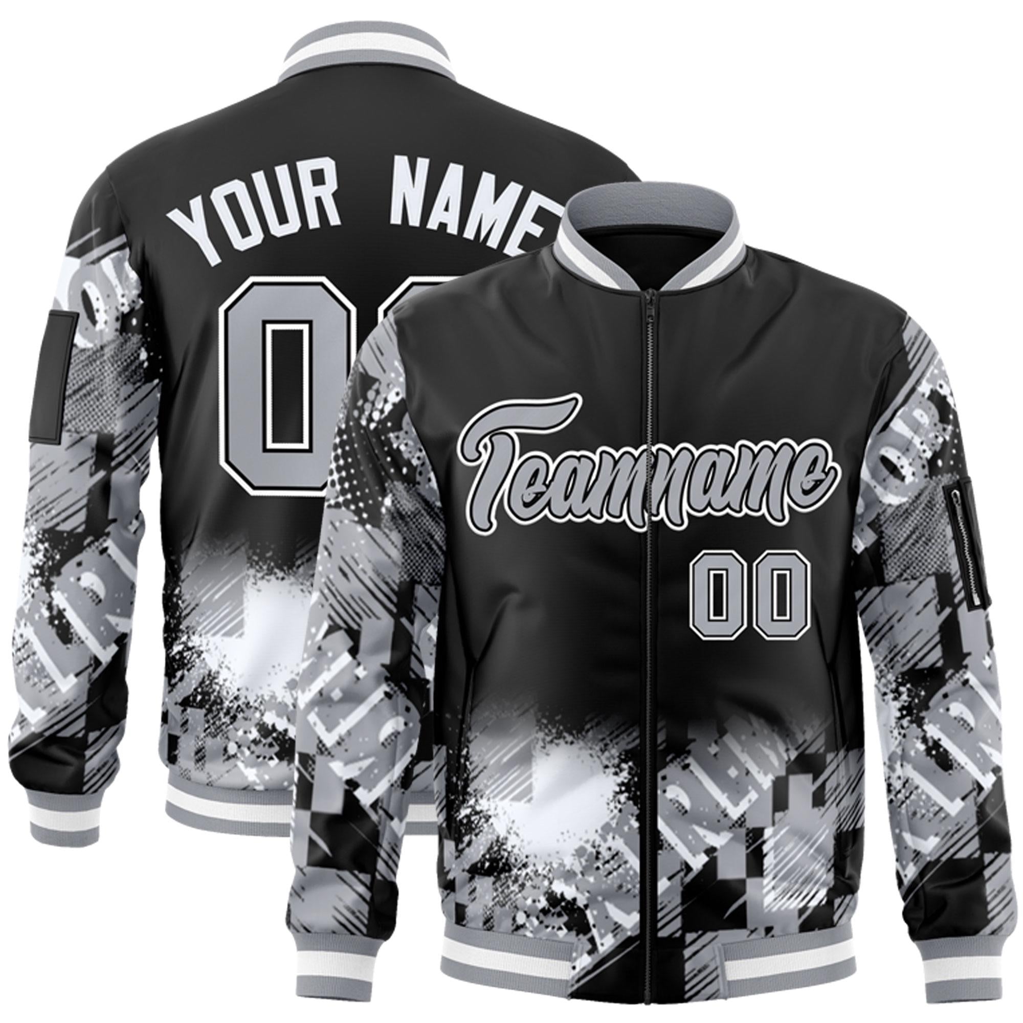 Custom Black Gray-White Varsity Full-Zip Street Graffiti Pattern Letterman Jacket