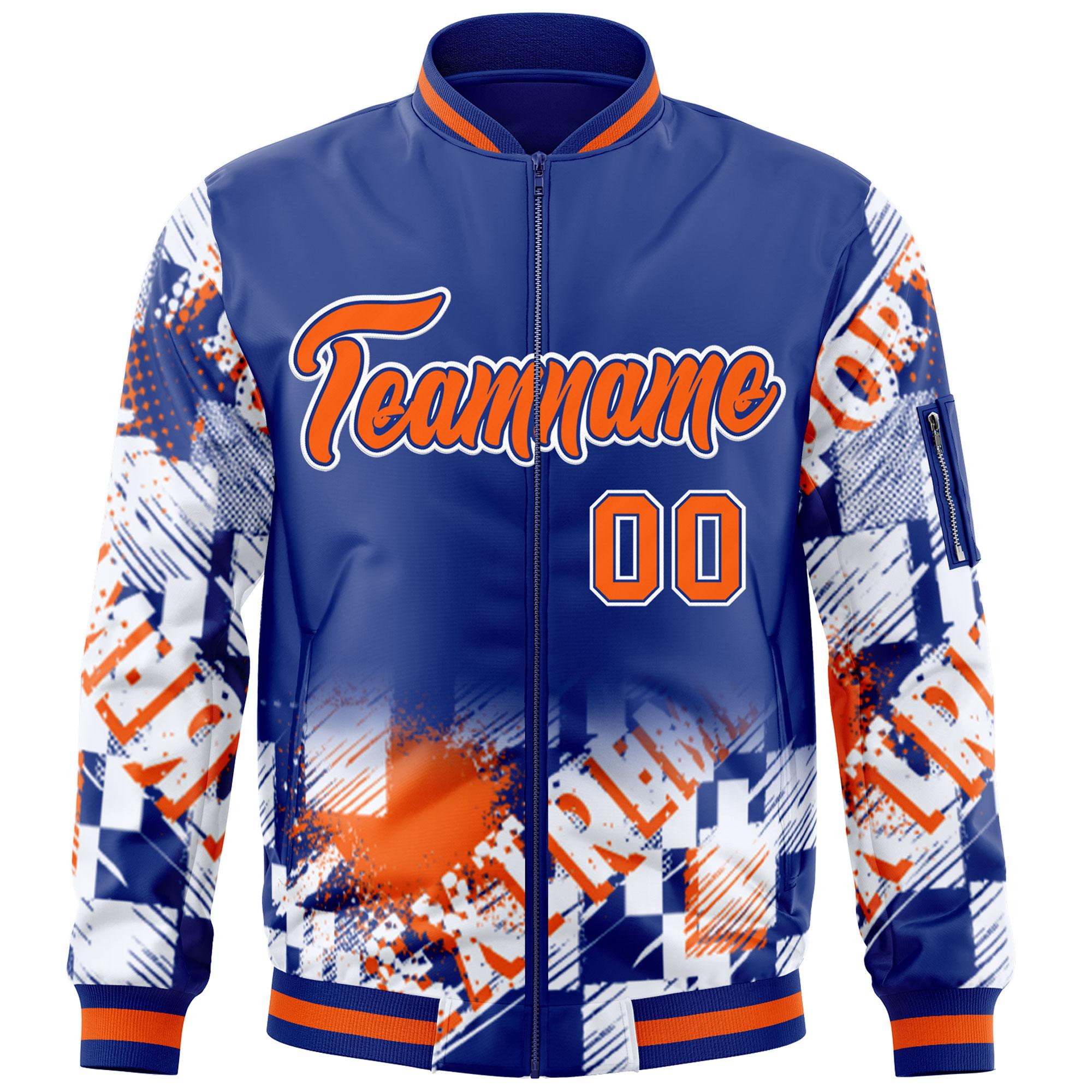 Custom Royal Orange-White Varsity Full-Zip Street Graffiti Pattern Letterman Jacket