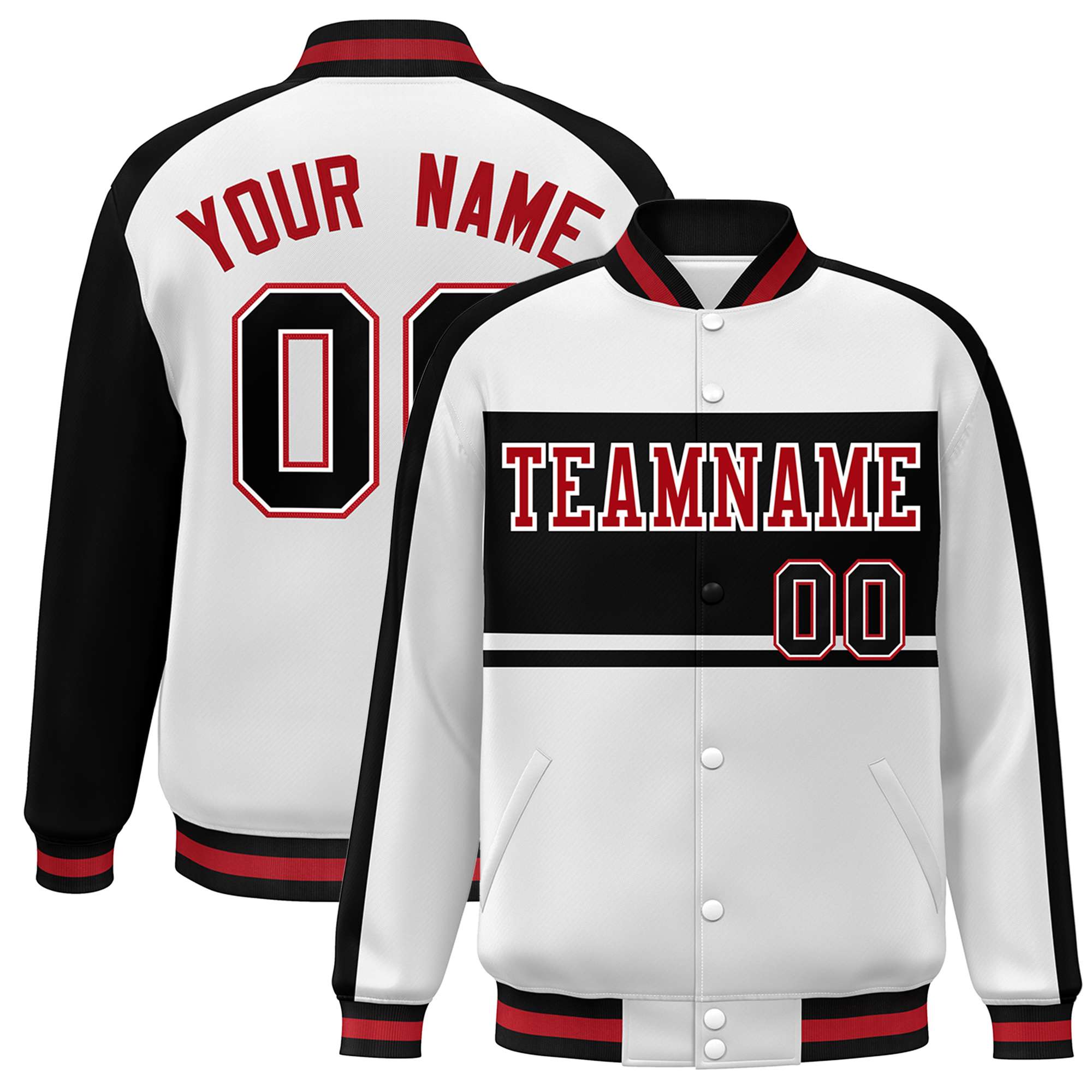 Custom White Black-Red Color Block Bomber Varsity Baseball Jacket