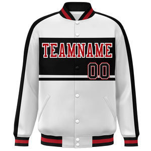 Custom White Black-Red Color Block Bomber Varsity Baseball Jacket